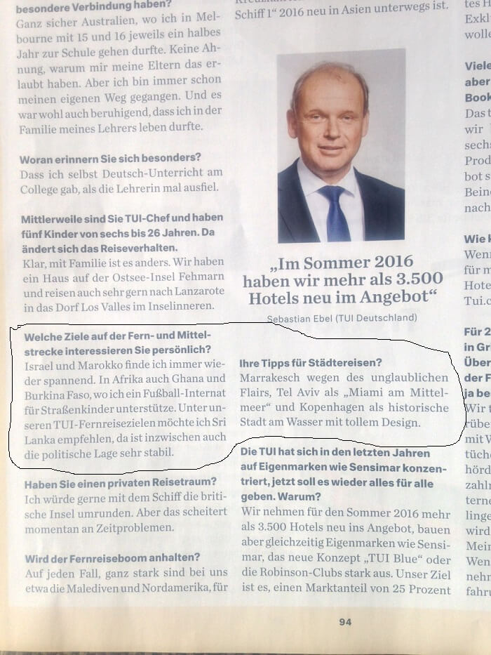 Sebastian Ebel von TUI mit einem Kommentar
