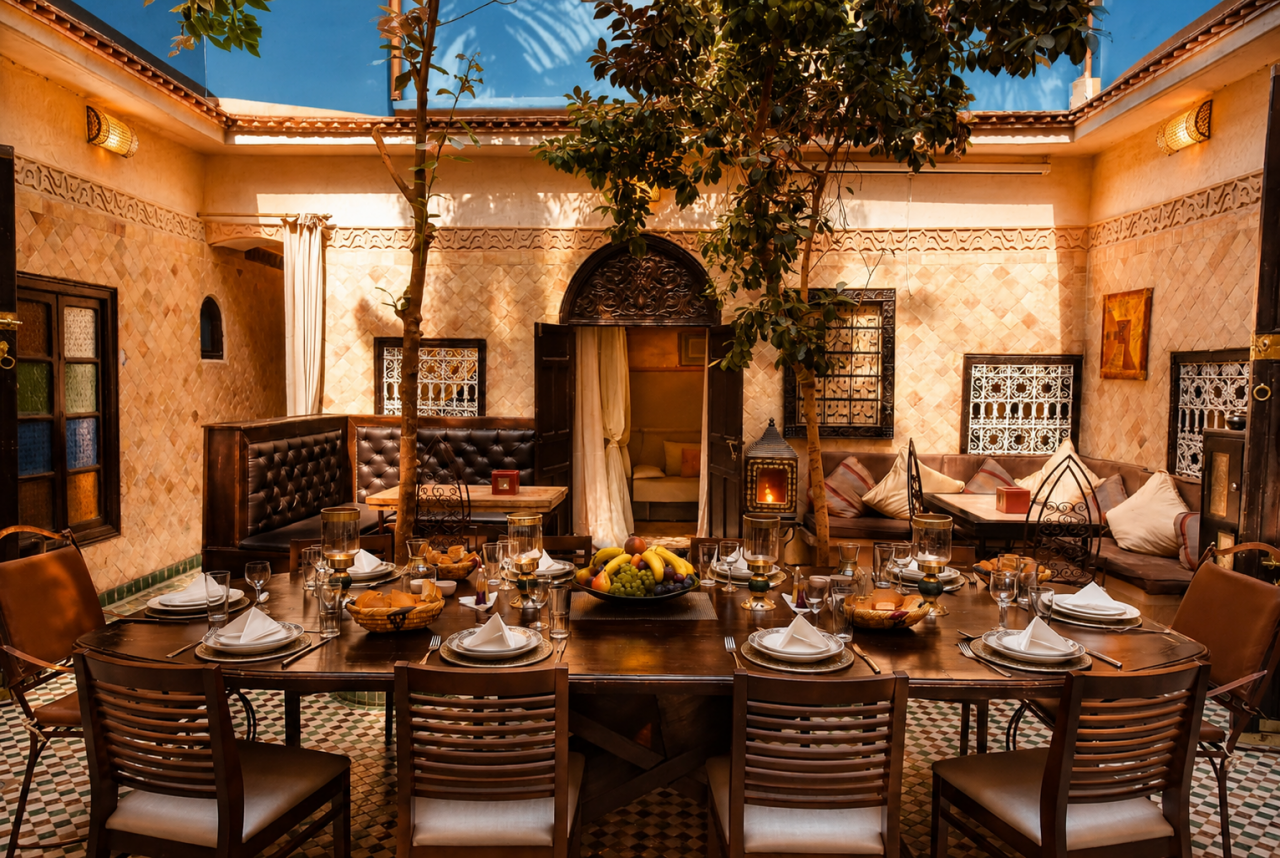 LaMaisonNomade-Hotel-Tisch Gedeckter Tisch im Innenhof des Riad La Maison Nomade