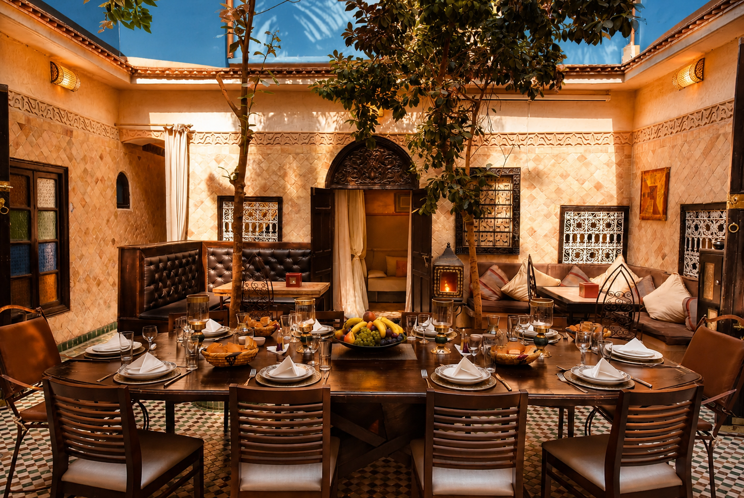 LaMaisonNomade-Hotel-Tisch Gedeckter Tisch im Innenhof des Riad La Maison Nomade